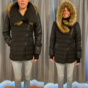 Bebe Black Hooded Puffer Coat Faux Fur Trim